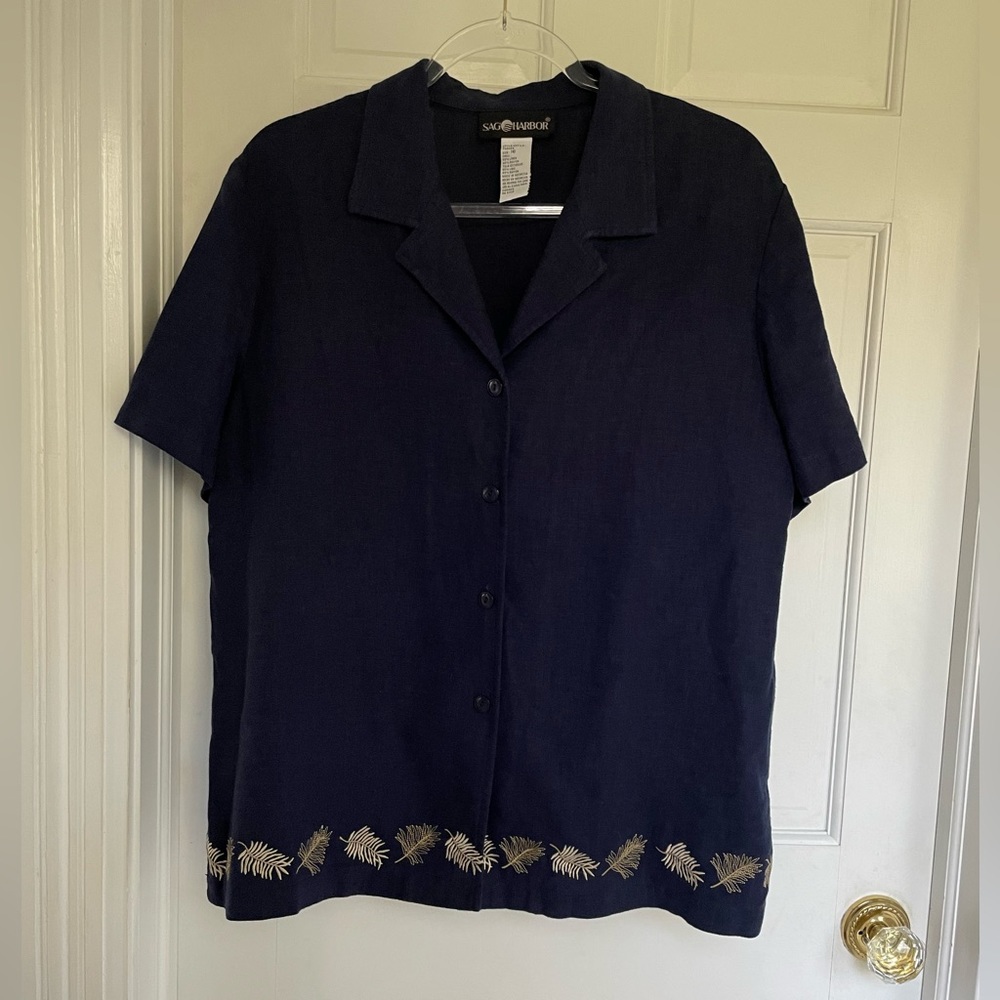 Navy blue Sag Harbor, size 16 linen shirt with leaf embroidery